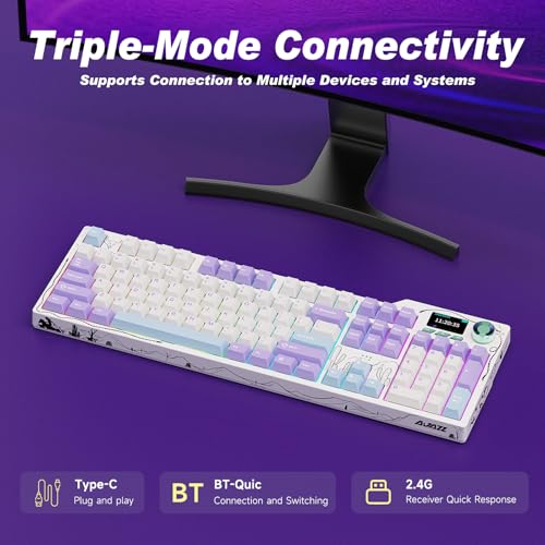 Ajazz AK35I V4 Full Size Wireless Mechanical Keyboard with 1.14" Color Screen & Knob, Tri-Mode Gasket Hot Swappable Gaming Keyboard, 10000mAh Battery, RGB, Purple - color: Purple White