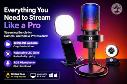 Webcam Streaming Kit with USB RGB Microphone & LED Light – 1080P 30FPS Streaming Camera Bundle for Twitch, YouTube, Podcasting, WFH – PC & Mac Compatible (Not for PS5 Alone)
