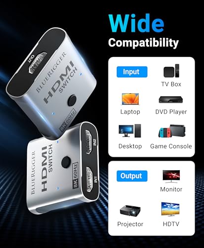 BlueRigger 8K HDMI Switch (8K 60Hz, 2 in 1 Out, 2 Port Ultra HD Switcher, 48Gbps Manual HDMI Selector Hub, HDR10+, Dolby Atmos) - Compatible with PS5, Xbox, Apple TV, Nintendo Switch, HDTV, Laptop