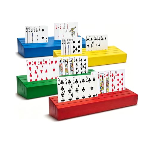 Card Holders for Playing Cards Deck Stand Wood Playing Card Holder for Kids Canasta Holder for Adults Seniors Card Deck Crowns Uno Games Set of 4 - color: Color 4s