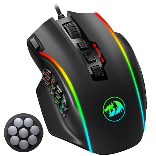 Redragon Gaming Mouse, MMO Mouse Gaming UP 12400 DPI, 19 Macro Programmable Buttons, RGB Mouse with 12 Side Buttons, 8 * 2.4g Weight Tuning for PC Laptop MOBA FPS, M901K, Black - color: Black-k