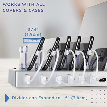 Charging Station for Multiple Devices, 6-Port USB Fast Charger with 6 Mixed Cables, Multi-Device Charging Dock for iPhone, iPad, Android Phones, Tablets, Kindle (Silver, Desktop & Wall Mount)
