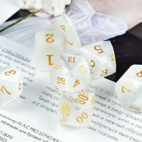 RULE DICE Gemstone DND Dice, Dungeons and Dragons Dice Set 7PCS Polyhedral Gem Stone Dice Set D4 D6 D8 D10 D% D12 D20,Crystal Glass Gem Dice Set with Gift Case - color: Pm-white Ca't Eye