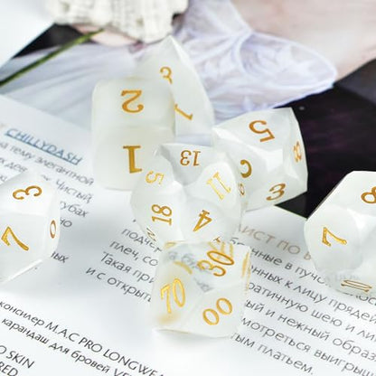 RULE DICE Gemstone DND Dice, Dungeons and Dragons Dice Set 7PCS Polyhedral Gem Stone Dice Set D4 D6 D8 D10 D% D12 D20,Crystal Glass Gem Dice Set with Gift Case - color: Pm-white Ca't Eye