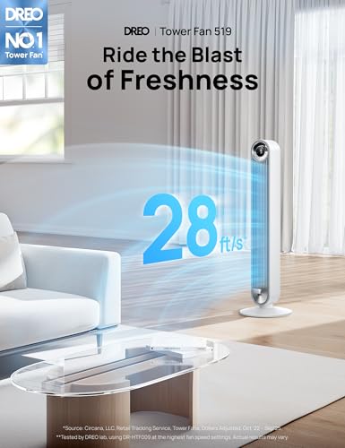 DREO Tower Fan for Bedroom, Upgraded DC 28ft/s Velocity, 20dB Quiet Fan | 9 Speeds Standing Fan, 90° Oscillating Cooling Fan, 4 Modes, 12H Timer, Bladeless Fan Powerful for Home, White - color: White