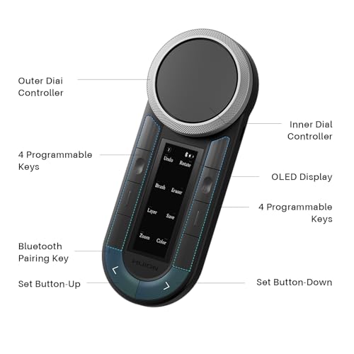 HUION Keydial Remote Bluetooth Macro Pad, 6-Set 8 Customized Keys & 2 Dial | Wireless Programmable Keypad, OLED Display, Work with PC, Mac, Mobile, One-Hand Shortcut Keyboard for Drawing Tablet, Laptops - size: Dual Bluetooth