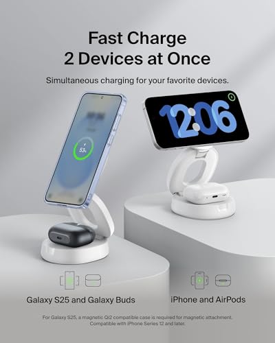 Belkin MagSafe Charger Compatible, 2-in-1 Qi2 Wireless Charging Station 15W, Convertible Charger for iPhone 17, Apple Watch, AirPods, Pixel 10, Portable Phone Stand for Travel w/ 30W Adapter - White - color: White, style: 2 in 1