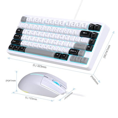 Snpurdiri 75% Wired Gaming Keyboard and Mouse Combo (Black Grey White) | 81-Key Compact Gaming Keyboard, Retro Round Keycaps Ice Blue Backlit Keyboard for Laptop, Easy to Carry on Business Trip - color: Black Grey White