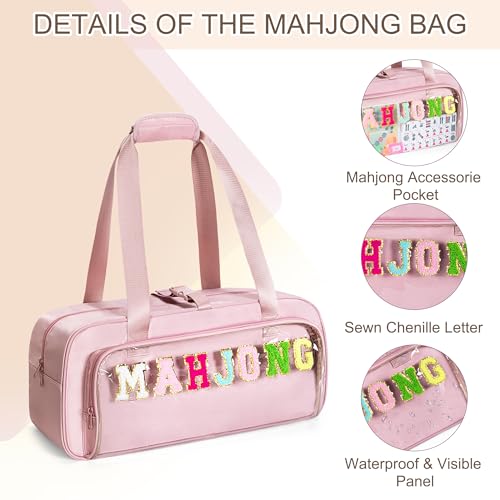 Yarwo 3 PCS Mahjong Bag Empty, Clear American Mahjong Tiles & Rack Bags Set | Zippered Game Storage with Mahjong Mat Strap and Sewn Chenille Letter for Mahjong Tiles, Racks & Pushers, Case Only, Pink - color: Pink