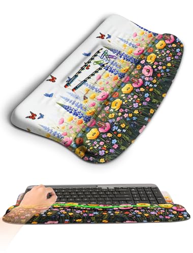 Ergonomic Wave Wrist Rest with Keyboard Stand, Cushioned Palm Rest, Comfortable Integrated Memory Foam for Natural Typing and Relieve Wrist Pain, Flowers and Butterflies - color: Flowers and Butterflies