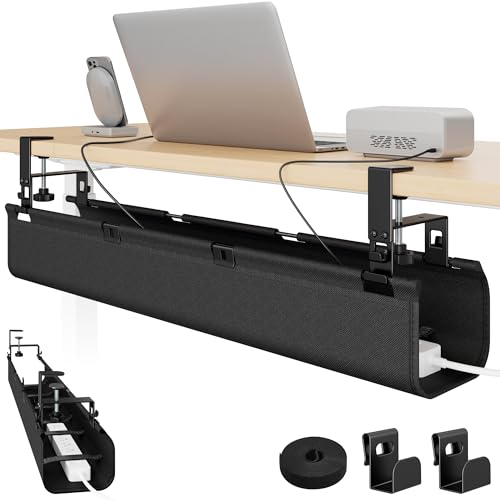 No Drill Under Desk Cable Management Tray, 31.5" Fabric Organizer | Clamp/Screw Premium Mount Cord Holder, for Power Strips, Adapters, with 2 Hooks & 1 Tie Roll for Home Office Gaming, Black - color: Black, size: 31.5"L × 6.1"W