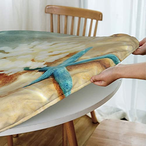 Famame Sea Beach Underwater Starfish Fitted Round Tablecloth Waterproof Table Cloth with Elastic Edge Wipe Clean Table Covers for Indoor Outdoor Fits 45"-50", Medium - color: Sea Underwater Starfish