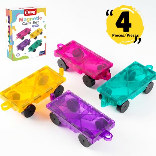 Bmag 4 PCS Magnetic Tiles Car Base Accessories, Compatible with Most Standard Magnetic Building Tiles, Sealed Magnet Car Bases, STEM Building Expansion Kit for Kids Aged 3+ - size: 4 cars