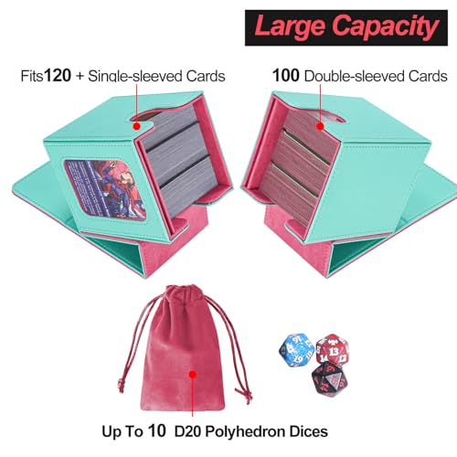 AFIING MTG Deck Box for Commander Display,Card Deck Case Fits 100 Double Sleeved Cards, Magic Commander TCG Card Storage Box with 2 Dividers,Dice Bag and 1 Toploader(Green Rose pink) - color: Commander Green Rose Pink