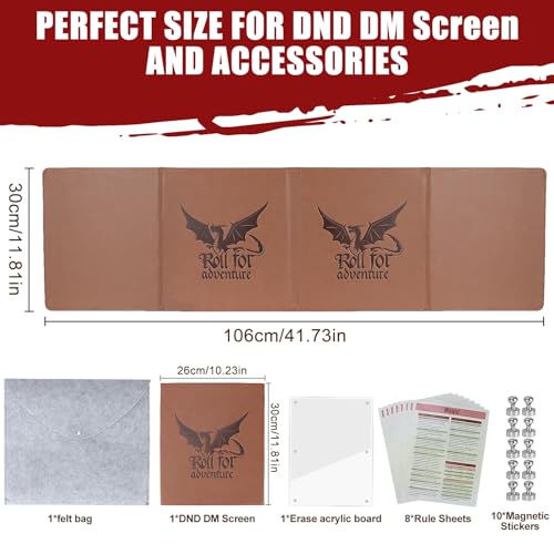 DND DM Screen 5e Dungeon Master Screen Deluxe Leather 4-Panel Customizable Magnetic Panel Game Master Screen with Magnetic Stickers, for Dungeons and Dragon, Pathfinder