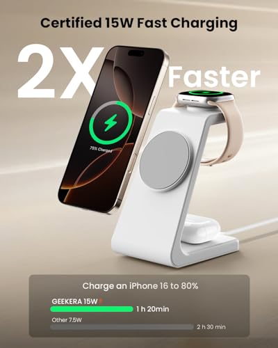 Magsafe Wireless Charging Station for iPhone: Certified 15W Fast Charging Station, 3 in 1 Magnetic Charger Stand for iPhone 17/16/15/14/13/12 Series, Apple Watch, AirPods 4/3/Pro - color: pearl white