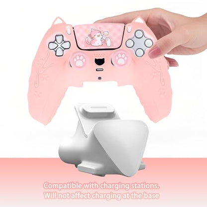 Pink Controller Skin Set for PS5, Cute Cat Paw Anti-Slip Silicone Cover Case for PS5 Wireless Controller Accessories Protective Shell with Thumb Grips & Touchpad Sticker, Girls Gamer Gifts