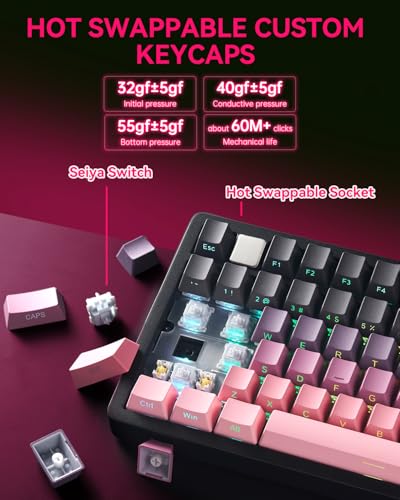 LEOBOG x Aula HI75C Pro Mechanical Gaming Aluminum Wireless Keyboard | Tri-Modes Bluetooth/USB-C/Wireless,Hot Swappable Pre-lubed Reaper Switches, Programmable RGB Backlit 81 PBT Keycaps - color: Black Pink