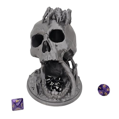 Skull Dice Tower Dungeons and Dragons RPG abletop Roleplaying Game Jail D&D (Random 7PCS D20 Dice Set Included) Silver - color: Silver