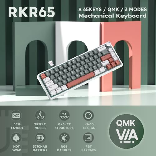 RK ROYAL KLUDGE R65 Wireless Mechanical Keyboard with Volume Knob, Tri-Mode 2.4G/USB-C/BT Gasket Mounted 60% Gaming Keyboard with 66Keys, PBT Keycaps, QMK/VIA, Hot Swappable Cream Switch, Clay Green - color: Clay Green