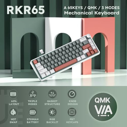 RK ROYAL KLUDGE R65 Wireless Mechanical Keyboard with Volume Knob, Tri-Mode 2.4G/USB-C/BT Gasket Mounted 60% Gaming Keyboard with 66Keys, PBT Keycaps, QMK/VIA, Hot Swappable Cream Switch, Clay Green - color: Clay Green
