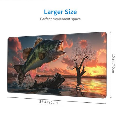 Large Gaming Mouse Pad with Bass Fish Sunset Design, Non-Slip Rubber Base, Stitched Edges, Extended Size 35.4 x 15.8 inches - color: Large Mouth Bass