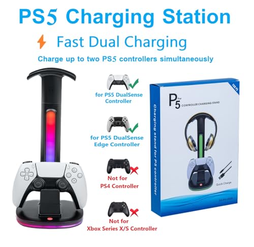 Controller Charger with 7 RGB Lighting Modes – Docking Charging Station with Fast Dual Ports & Headphone Stand (Compatible with PS5).