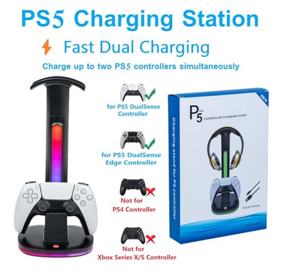 Controller Charger with 7 RGB Lighting Modes – Docking Charging Station with Fast Dual Ports & Headphone Stand (Compatible with PS5).
