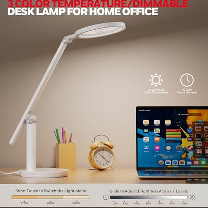 Honeywell H6 Desk Lamp for Home Office, Dimmable Reading Table Light, White | Sunturalux CRI≥97, RG0 Low Blue Light, Flicker-Free, 800LM Dimmable with Timer for Webcam, Study, Office & Bedroom - color: White