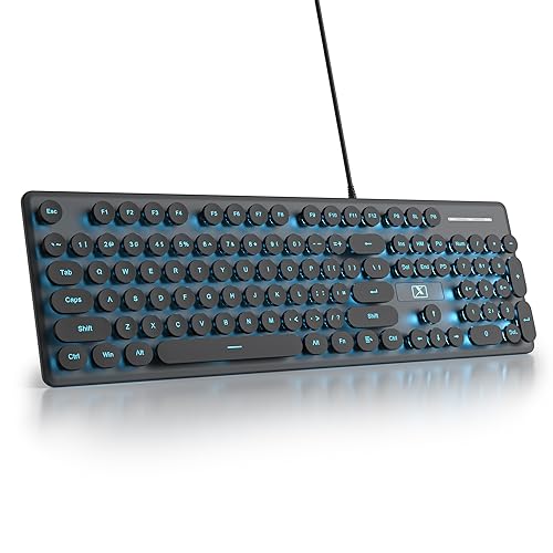 Wired Quiet Membrane Keyboard,Full Size 104-Keys Retro Punk Typewriter Blue LED Backlit ，USB Ultra Slim Gaming Keyboard with ABS Round keycaps for Windows/PC/Laptop (Black) - color: Black