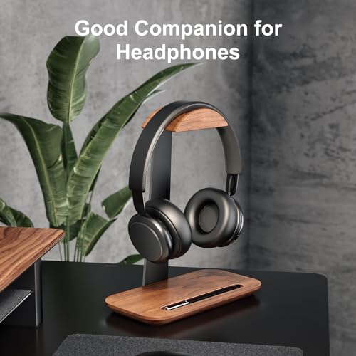 UPERGO Walnut Headphone Stand, Wood Headset Holder with Storage for Desk | Solid Walnut & Aluminum, Anti-Slip Base, Universal for Gaming Headsets & AirPods Max, Extra Storage Tray