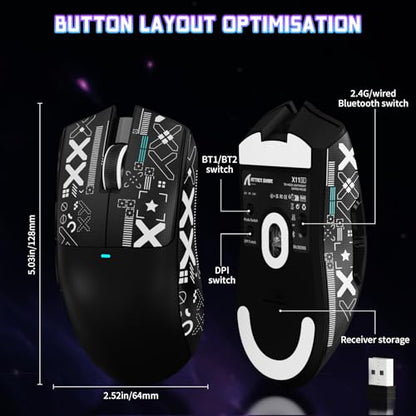 ATTACK SHARK X11SE Wireless Gaming Mouse, 59g Lightweight, Black&Tape | Bluetooth/2.4Ghz Wireless/Wired Connectivity, 22K DPI, PixArt PAW3311 Gaming Sensor, 1K Polling Gamer Mice for PC/Mac - color: Black&Tape