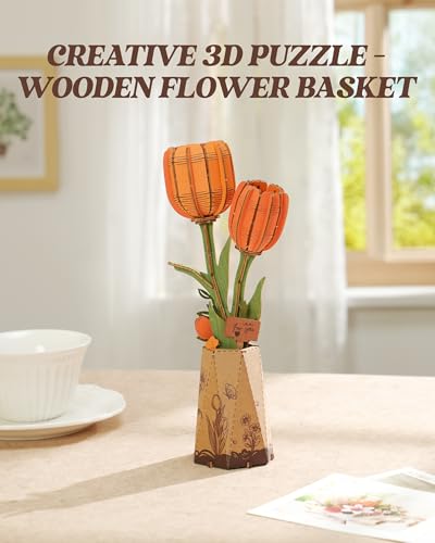 rowood Orange Tulip Wooden Flower,DIY Artifical Flower Building Set Craft Kit for Adults,Mother's Day/Valentine's Day for Mom/Women/Grandma - style: Orange Tulip
