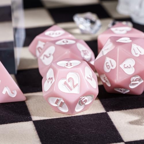 7 Piece Pink DND Dice Set, Heart Resin Polyhedral Dice Set for D&D Role Playing Game and Other Tabletop Games - color: Heart/Pink