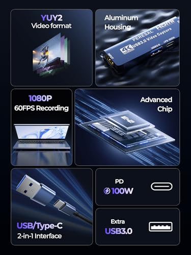 USB 3.0 Video Capture Card with 12IN Mini HDMI Cable PD 100W and USB3.0 Port, Streaming Game Recording 4K, 60FPS, HDMI to USB-A/USB-C Capture Card for Quest 3, Switch, PS5/4, Camera, Tablet PC