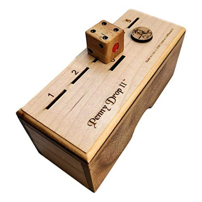 Penny Drop II Wooden Dice Game – Handmade Family Game with Maple Wood Lid - size: Maple Top
