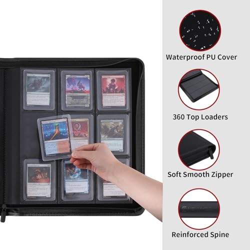 Snekdy Top loader Binder, 9 Pockets Top Loader，Holds 360 Top Loaders cards, Card binder with Sleeves for card in 3 x 4 inches color smooth Zipper PU Leather (Black) - color: Black