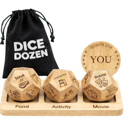 Date Night Dice, 3-in-1 Food, Dinner & Movie Decision Dice Game | Choose meals, movies & activities with every roll; great gift for couples, birthdays, anniversaries & holidays. - style: 3-in-1 Wooden Dice + Holder