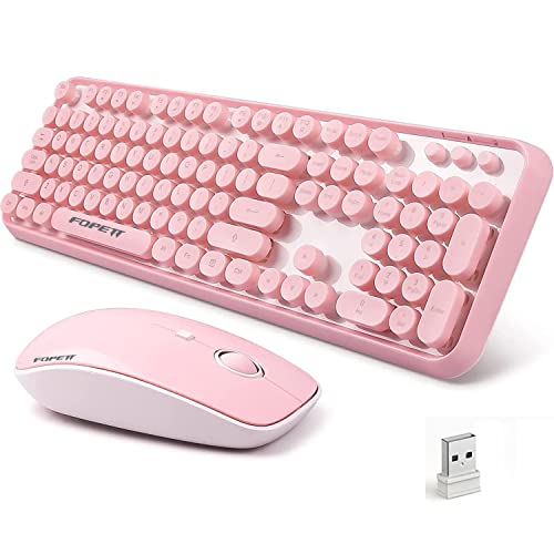 Wireless Keyboard and Mouse Combo, 104 Keys Full-Sized 2.4 GHz Round Keycap Colorful Keyboards, USB Receiver Plug and Play, for Windows, Mac, PC, Laptop, Desktop (Pink) - color: Pink