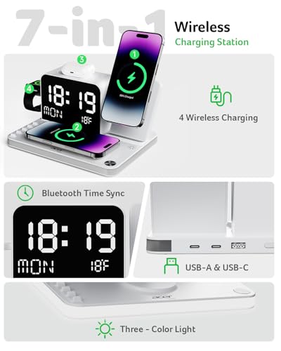 Acer 7-in-1 Wireless Charging Station with LED Clock - 30W Fast Wireless Charger for iPhone 16/15/14/13/12/Pro Max, Apple Watch, AirPods - Bluetooth Auto Time Sync & Night Lights (White) - color: White