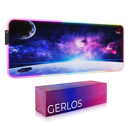 Gerlos RGB Gaming Mouse Pad, Large LED Desk Mat, 31.5 x 11.8 Inch | 12 light modes, non-slip base, water-resistant surface, stitched edges - color: Space