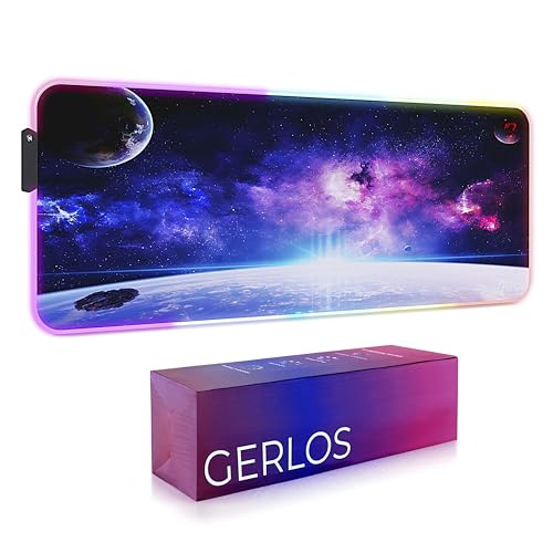 Gerlos RGB Gaming Mouse Pad, Large LED Desk Mat, 31.5 x 11.8 Inch | 12 light modes, non-slip base, water-resistant surface, stitched edges - color: Space
