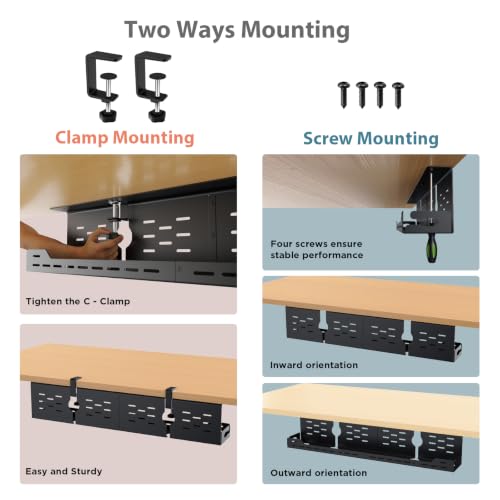 Univivi Under Desk Cable Management Tray, Cable Management, 32 inch, Black | Durable Steel Material, Under Desk Cable Tray with No-Drill C-Clamp and Screw Mount, Wire Management for Office/Home - color: Black, size: 32"