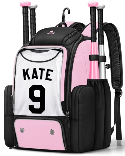 MATEIN PRO Youth Baseball Backpack for 4 Bats, Collapsible Shoe Compartment | Water Resistant, Large, Boys Baseball Bat Bag, Insulated Beverage Pocket, Clear Display Window, Storage Holds Glove, Helmet - color: Light Pink