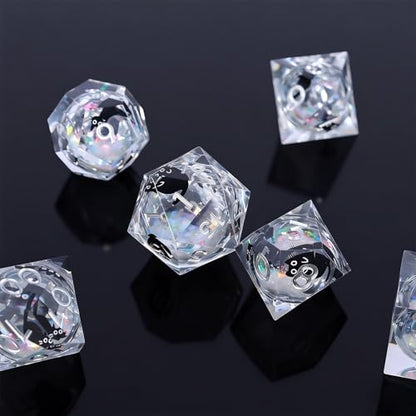 Liquid Core Dice,Cat DND Dice Set with Box,7Pcs Resin Dungeons Dragons D and D Dice, Sharp Edge Role Playing Game Dice D20 D12 D10 D8 D6 D4. (Rainbow White) - color: Rainbow White