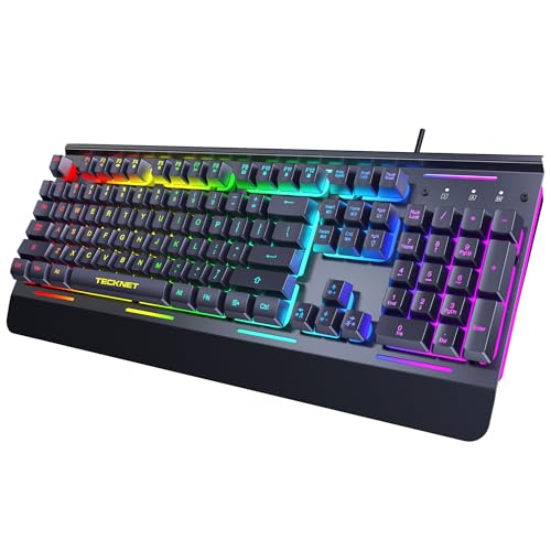 TECKNET Wired Gaming Keyboard, Whisper Quiet Switches,15-Zone RGB Illumination, IP32 Water Resistance, Silent Keyboard Quiet Typing, USB-A Wired Keyboard for Office/Gaming