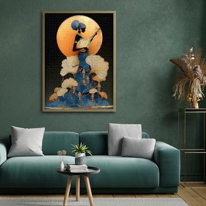 Impossible Puzzles for Adults 1000 Pieces，Music Lady Puzzles, Black Woman Puzzle Art Feature Leaf Moon Musical Instruments,Elegant Puzzle as Wall Decor - style: Moonlit Lute Woman puzzle