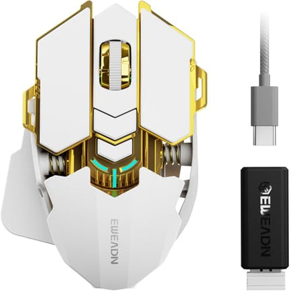 EWEADN G5 Tri-Mode Wireless Gaming Mouse, 12800 DPI Programmable Ergonomic Mouse with Metal Base for Stability, 500mAh Rechargeable, 8 Macro Buttons, Rapid Fire Key, RGB Backlit for FPS PC Mac- White - color: White