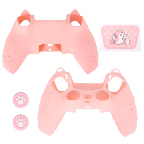 Pink Controller Skin Set for PS5, Cute Cat Paw Anti-Slip Silicone Cover Case for PS5 Wireless Controller Accessories Protective Shell with Thumb Grips & Touchpad Sticker, Girls Gamer Gifts