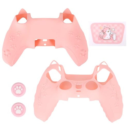 Pink Controller Skin Set for PS5, Cute Cat Paw Anti-Slip Silicone Cover Case for PS5 Wireless Controller Accessories Protective Shell with Thumb Grips & Touchpad Sticker, Girls Gamer Gifts